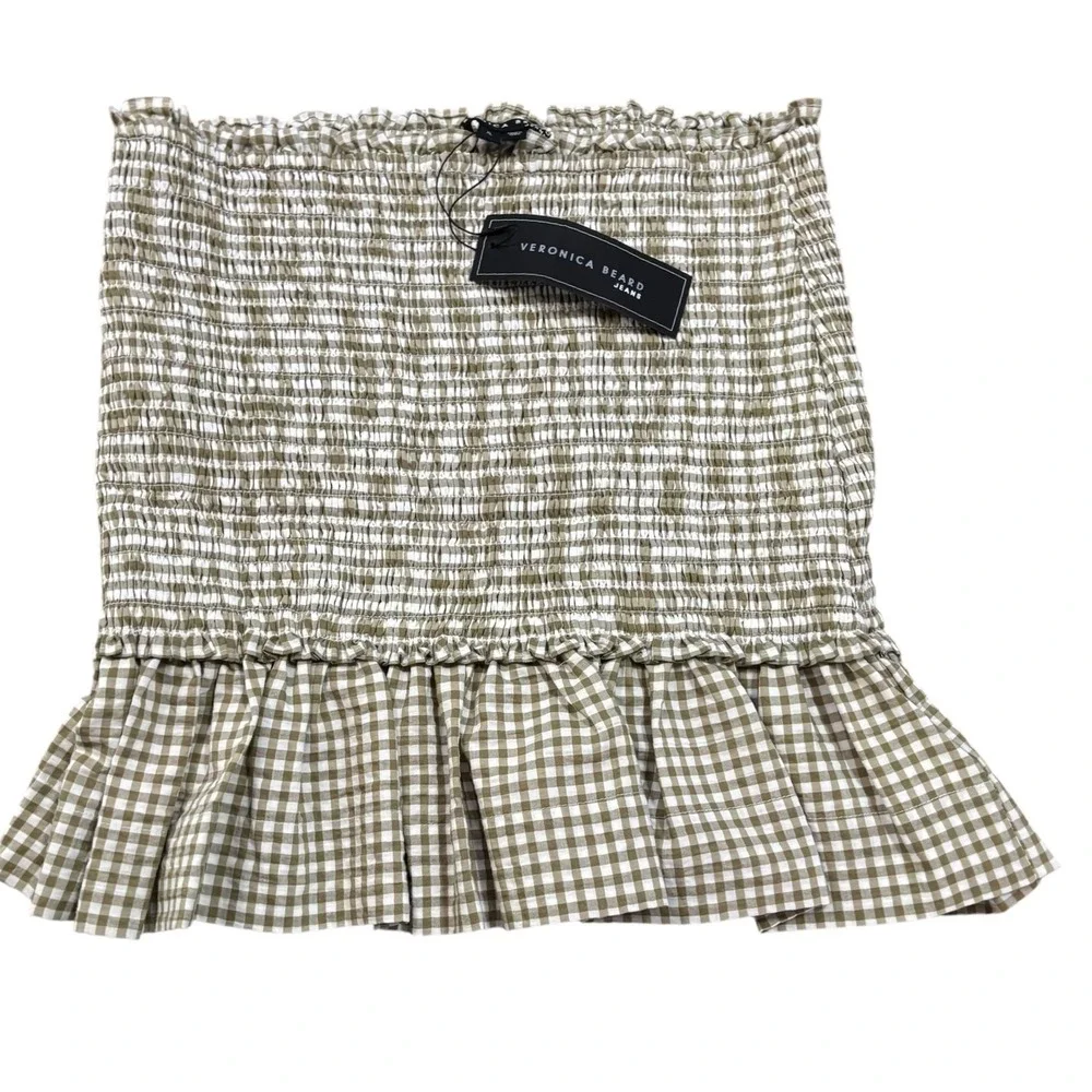 Veronica Beard Gingham Smocked Ruffle Mini Skirt Cute Trendy Casual Olive Green